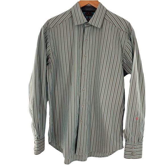 Robert Graham Long Sleeve Button Down Shirt w/Flip Cuffs Green & Brown Stripes - Picture 3 of 12